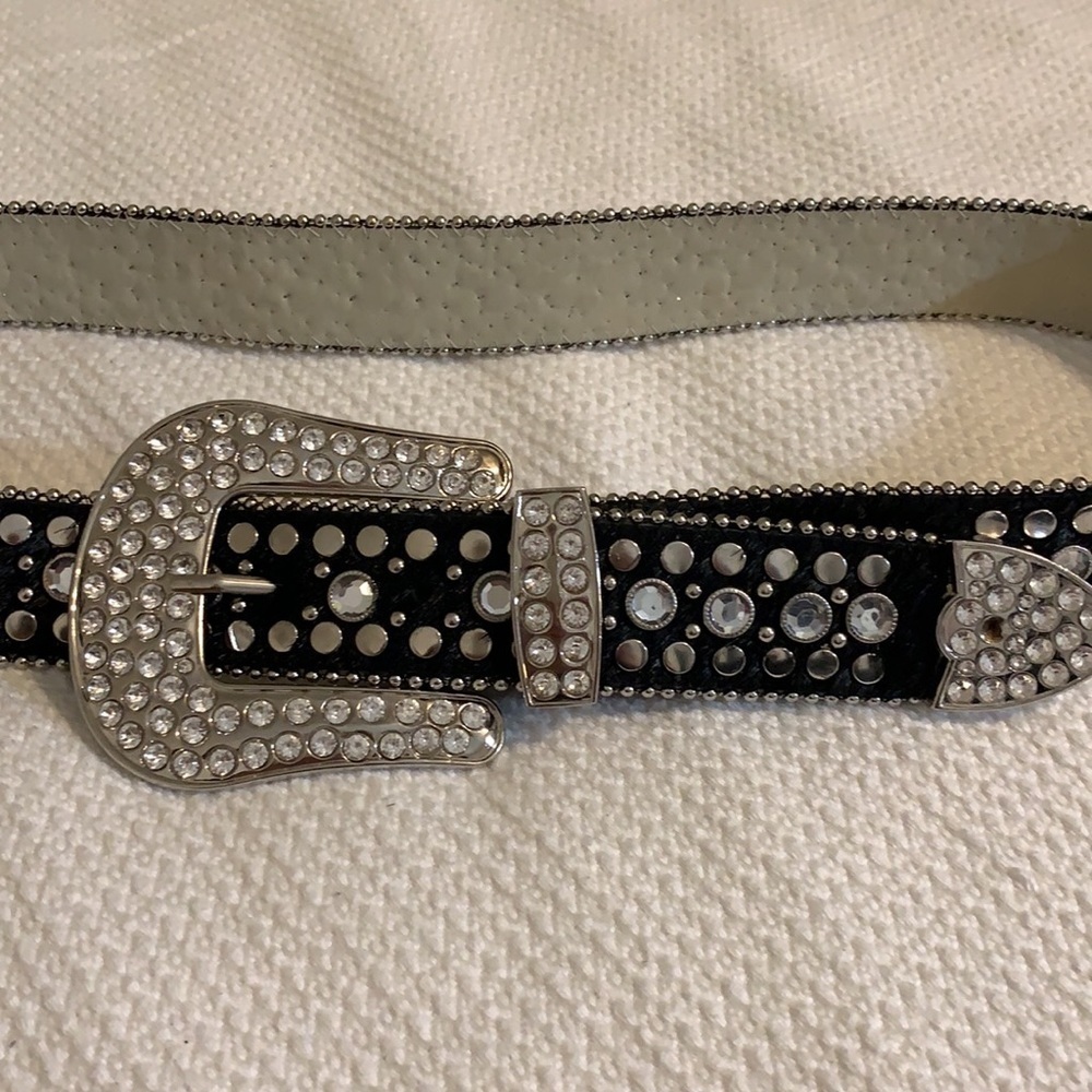 Studded Crystal Leather Cowhide Western Belt, L - Picture 4 of 8